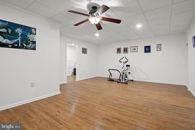 exercise area with ceiling fan, baseboards, a paneled ceiling, and light wood-style floors