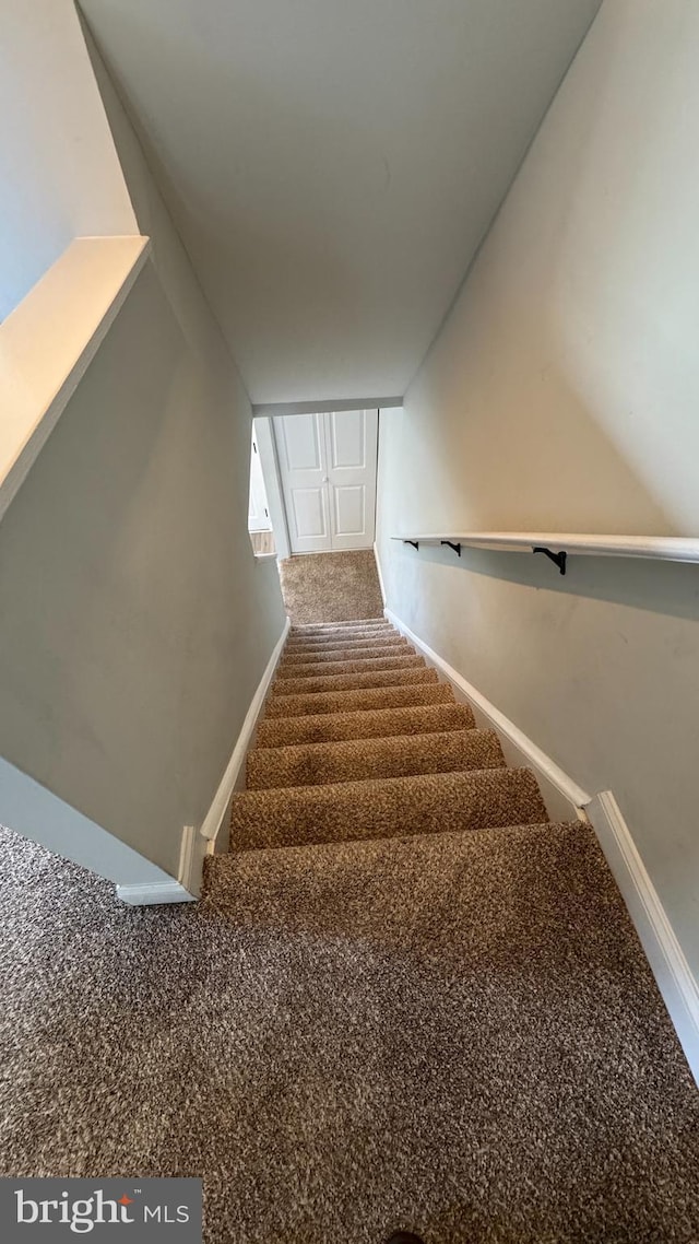 stairway featuring carpet flooring and baseboards