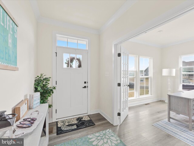 entryway with plenty of natural light, crown molding, and wood finished floors