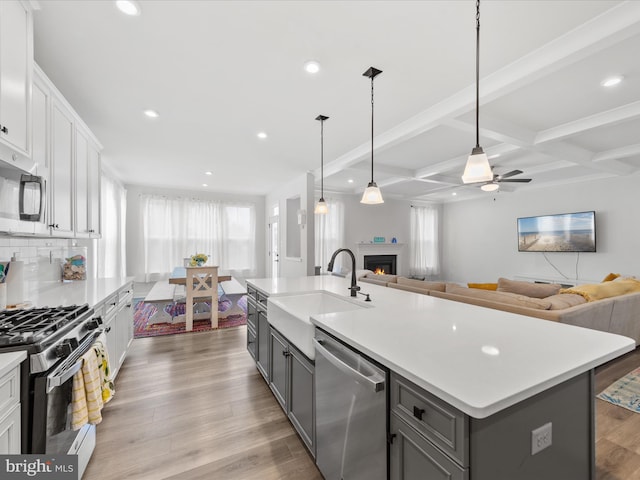 kitchen featuring gray cabinets, a warm lit fireplace, a sink, stainless steel appliances, and open floor plan