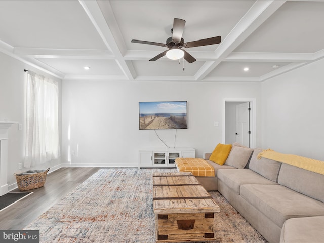 living area with beamed ceiling, coffered ceiling, baseboards, and wood finished floors