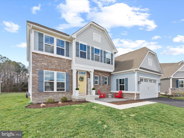 view of front of home featuring aphalt driveway, stone siding, a shingled roof, an attached garage, and a front yard