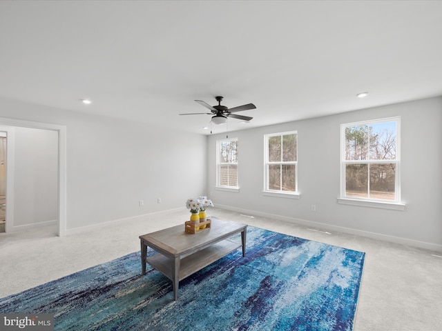 living area featuring recessed lighting, baseboards, carpet, and a ceiling fan