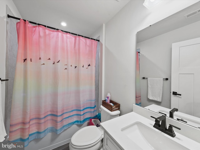 full bath featuring visible vents, toilet, vanity, and shower / bathtub combination with curtain