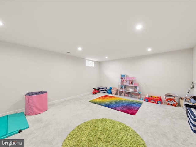 game room featuring recessed lighting, baseboards, and carpet floors