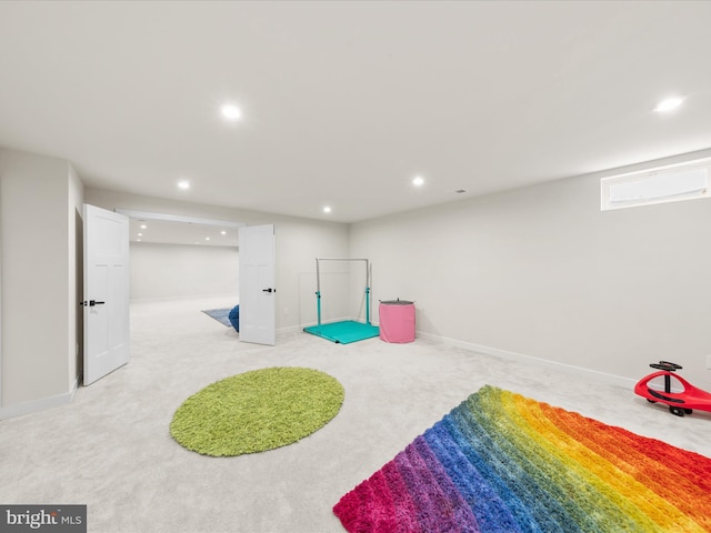 playroom with recessed lighting, baseboards, and light colored carpet