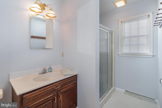 full bath featuring toilet, a stall shower, visible vents, and vanity