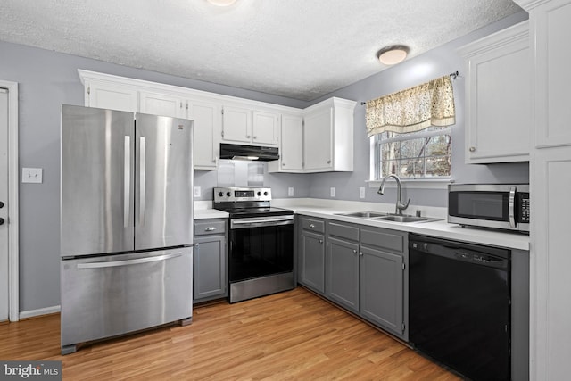 kitchen with gray cabinetry, under cabinet range hood, light wood-type flooring, stainless steel appliances, and a sink