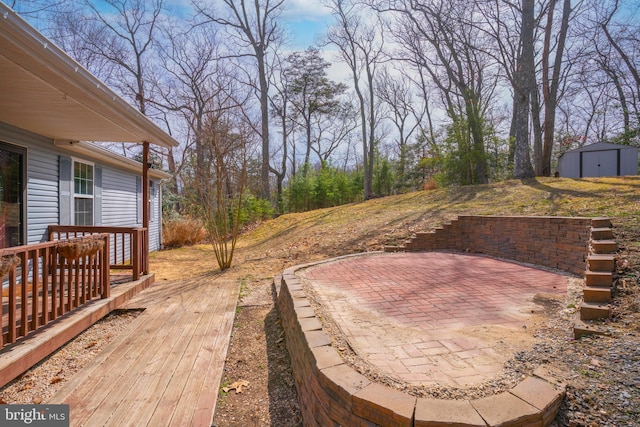 view of yard featuring a storage unit, an outdoor structure, and a patio