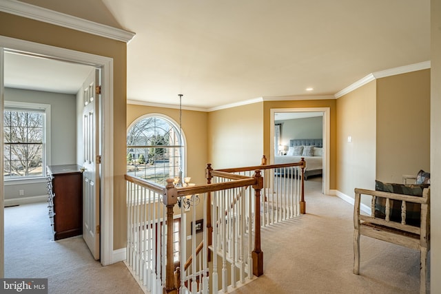 corridor with an upstairs landing, light colored carpet, and a healthy amount of sunlight