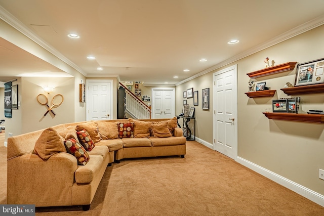 living area with recessed lighting, carpet flooring, crown molding, baseboards, and stairs