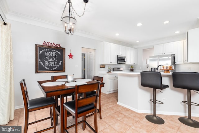 dining area with recessed lighting, light tile patterned flooring, a chandelier, and crown molding