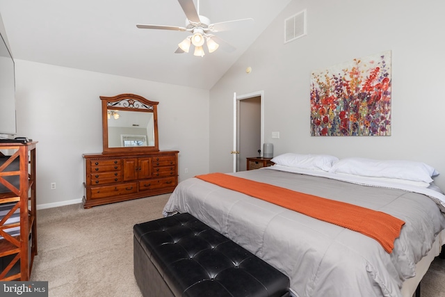 carpeted bedroom with visible vents, baseboards, high vaulted ceiling, and a ceiling fan