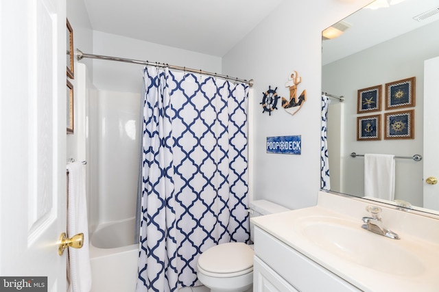 full bathroom with vanity, toilet, shower / bathtub combination with curtain, and visible vents