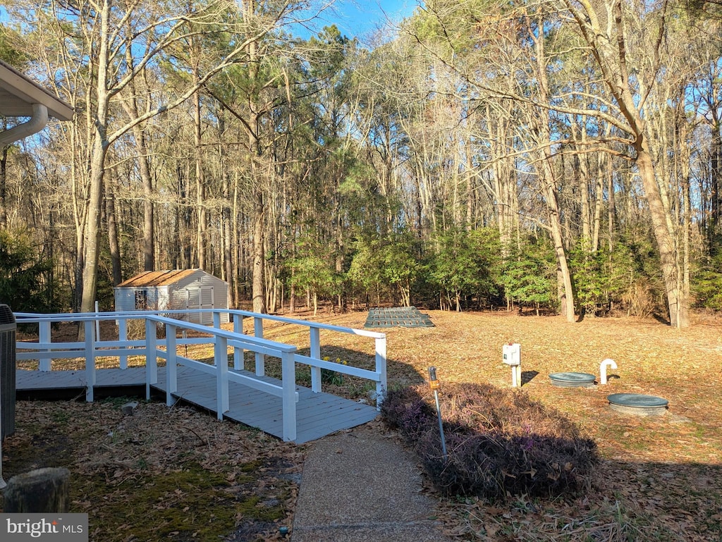 view of yard with an outbuilding and a shed