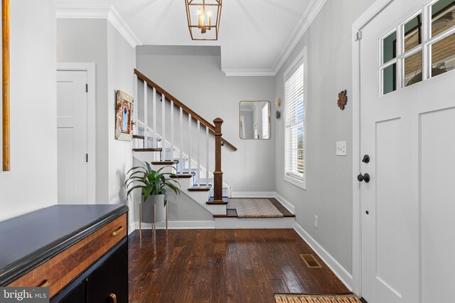 631 Monument Ave, Malvern, PA 19355 - foyer featuring visible vents, dark wood-type flooring, ornamental molding, stairway, and baseboards