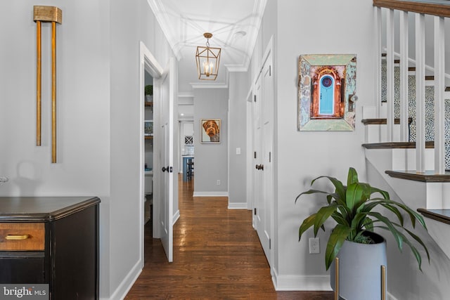 631 Monument Ave, Malvern, PA 19355 - hallway with dark wood finished floors, crown molding, baseboards, a chandelier, and stairs