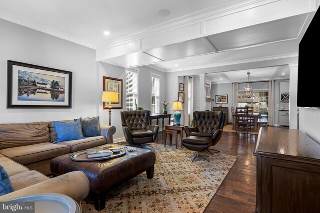 631 Monument Ave, Malvern, PA 19355 - living area featuring recessed lighting, wood finished floors, crown molding, and ornate columns