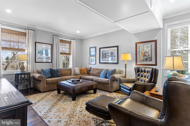 631 Monument Ave, Malvern, PA 19355 - living room with recessed lighting, ornamental molding, and dark wood-style flooring