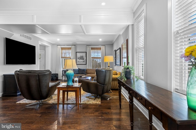 631 Monument Ave, Malvern, PA 19355 - living room featuring recessed lighting, visible vents, crown molding, and hardwood / wood-style flooring