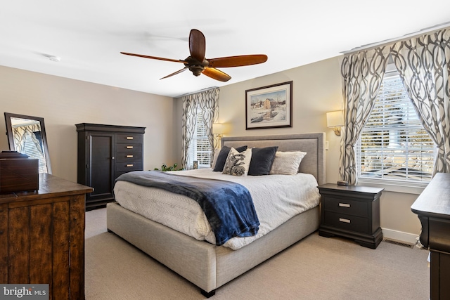 631 Monument Ave, Malvern, PA 19355 - bedroom with visible vents, baseboards, light colored carpet, and ceiling fan