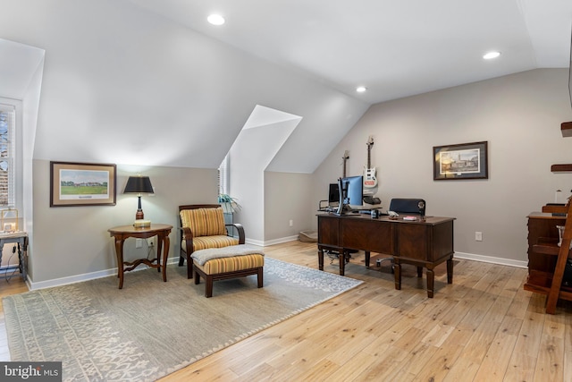 631 Monument Ave, Malvern, PA 19355 - home office with recessed lighting, light wood-type flooring, baseboards, and vaulted ceiling