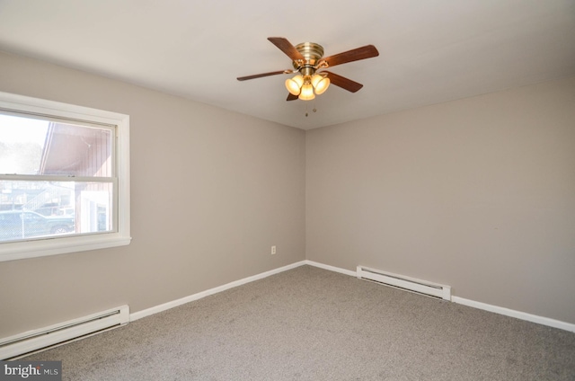 spare room featuring carpet, a baseboard radiator, and baseboards