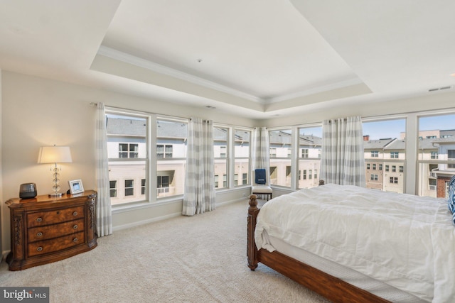 carpeted bedroom featuring visible vents, a raised ceiling, baseboards, and ornamental molding