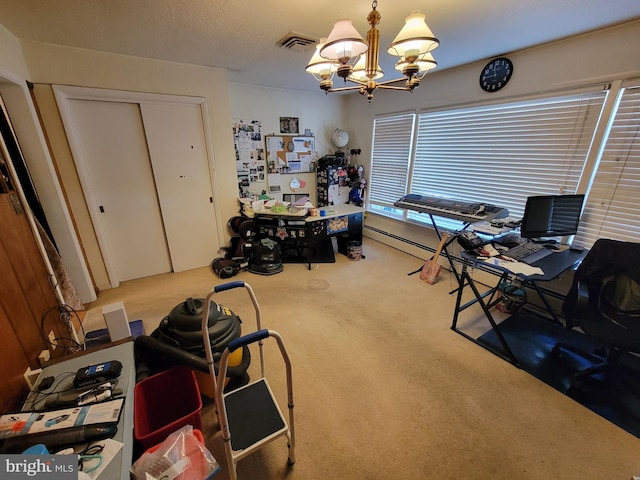 home office featuring a chandelier, visible vents, and carpet flooring