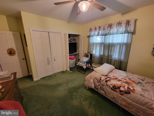 bedroom featuring ceiling fan and dark carpet