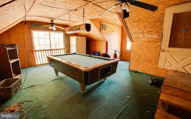 recreation room featuring carpet, pool table, and vaulted ceiling