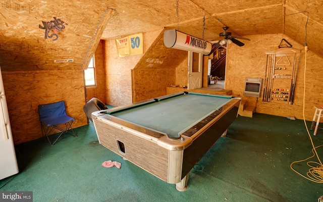 rec room featuring heating unit, lofted ceiling, and billiards