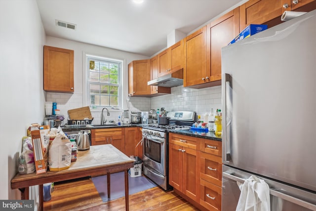 kitchen with visible vents, a sink, decorative backsplash, stainless steel appliances, and under cabinet range hood