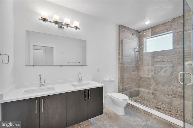 bathroom with a shower stall, toilet, double vanity, and a sink