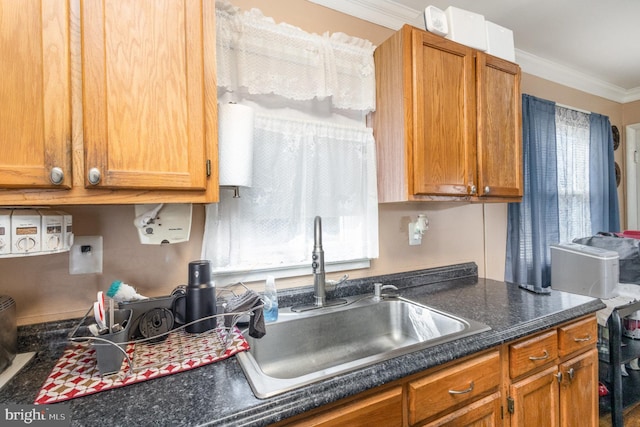 kitchen featuring a sink, a wealth of natural light, dark countertops, and ornamental molding