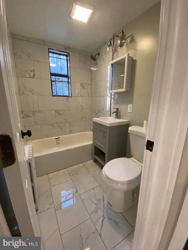 bathroom featuring toilet, marble finish floor, radiator heating unit, shower / bath combination, and vanity