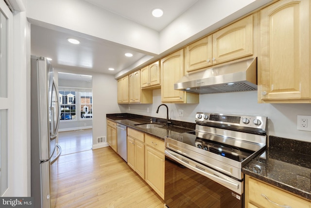 kitchen featuring appliances with stainless steel finishes, light brown cabinets, under cabinet range hood, and a sink