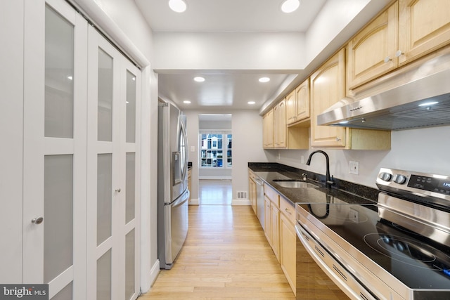 kitchen featuring light brown cabinets, under cabinet range hood, light wood-style flooring, stainless steel appliances, and a sink