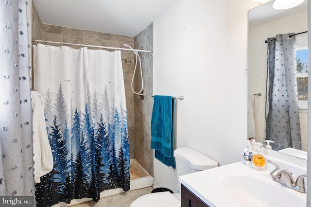 full bath with vanity, a shower stall, toilet, and tile patterned flooring