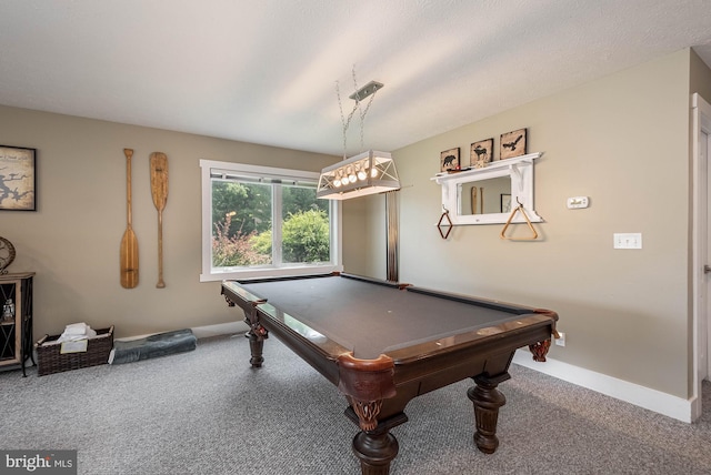 rec room featuring carpet floors, pool table, and baseboards