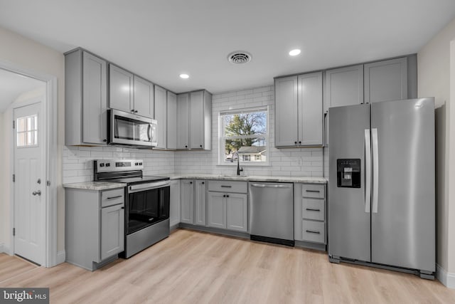 kitchen featuring a sink, stainless steel appliances, and gray cabinets