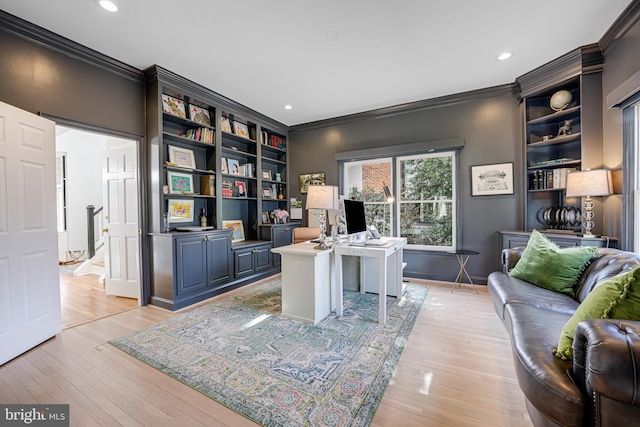 office with light wood finished floors, recessed lighting, and crown molding