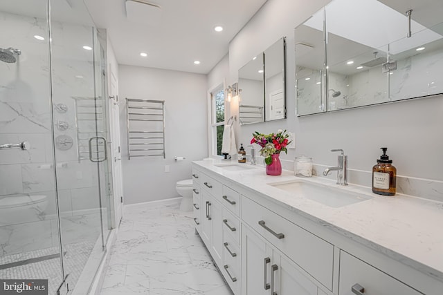 bathroom featuring a sink, a marble finish shower, toilet, and marble finish floor