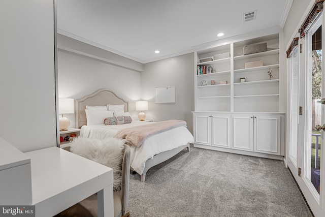 bedroom featuring visible vents, recessed lighting, carpet, crown molding, and access to exterior