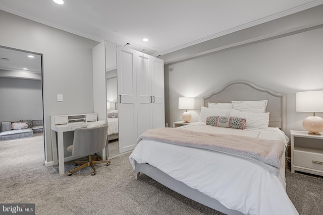 bedroom with recessed lighting, light carpet, and ornamental molding