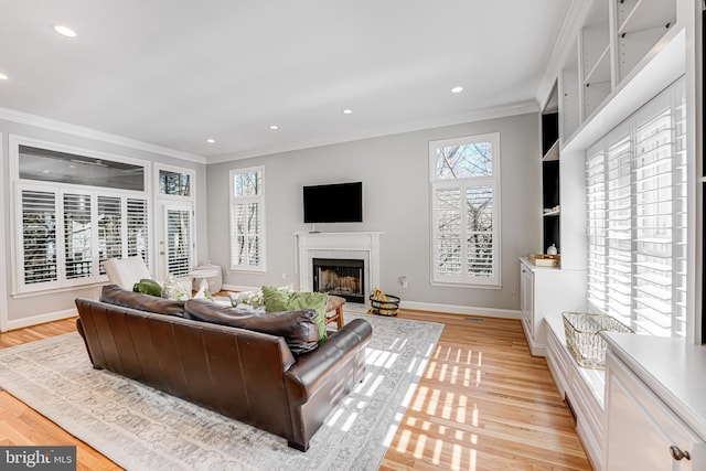 living area featuring a fireplace with flush hearth, light wood-style flooring, and crown molding