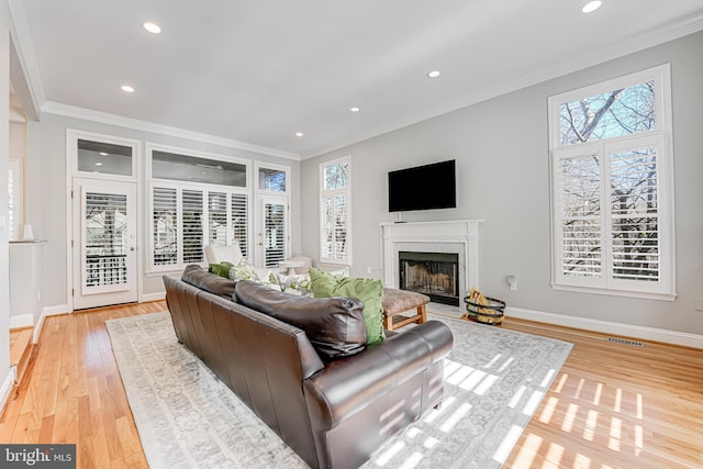 living area featuring light wood-type flooring, baseboards, and ornamental molding