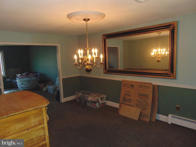 carpeted dining space featuring a notable chandelier, a baseboard heating unit, and baseboards