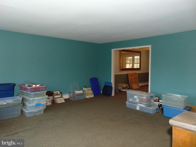 interior space featuring baseboard heating and carpet floors