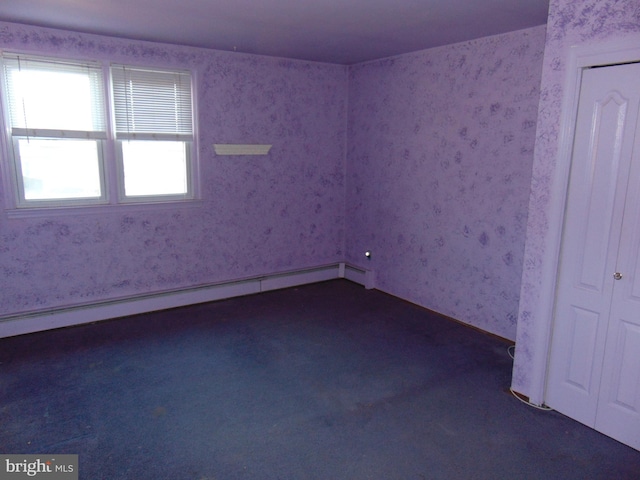 spare room with dark carpet, wallpapered walls, and a baseboard radiator